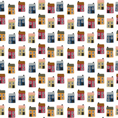 Seamless scandinavian style houses pattern, Nordic houses repeat design, Cartoon cute buildings motifs, Cityscape background, Trendy nursery wallpaper, Children fabric print