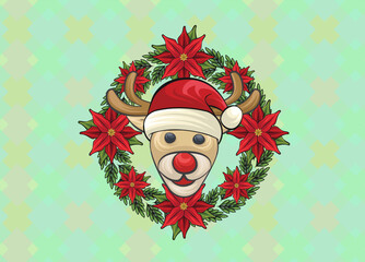 Cute Reindeer and holly Christmas wreath isolated on Christmas background