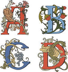 Letters A, B, C, D Drop Caps. Vector hand-drawing letter. Fabulous ornament