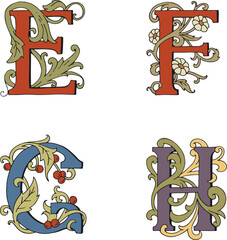 Letters E, F, G, H Drop Caps. Vector hand-drawing letter. Fabulous ornament