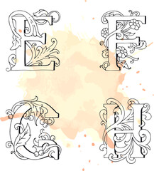 Letters E, F, G, H Drop Caps. Vector hand-drawing letter. Fabulous ornament