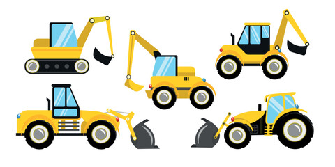 Set of yellow construction heavy equipment in cartoon style. Vector illustration of wheeled and tracked bulldozers and excavators on white background.