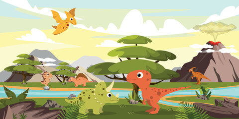 Vector illustration of beautiful dinosaurs in the forest. Cartoon forest landscape with prehistoric dinosaurs of different types against the backdrop of mountains and an erupting volcano. © MVshop