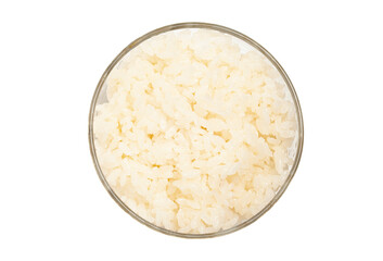 bowl of boiled rice isolated on white background, top view
