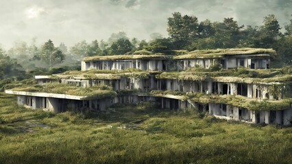 Architecture of the future, a ruined city overgrown with greenery. Concept art, idea for inspiration.