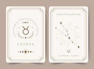 Taurus. Witchcraft cards with astrology zodiac sign and constellation. Perfect for tarot readers and astrologers. Occult magic background. Horoscope template. Vector illustration in boho style.