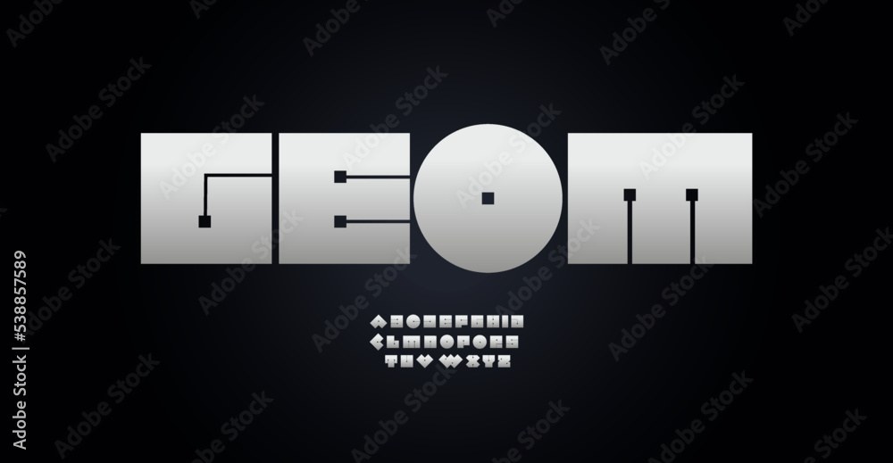 Leinwandbilder Geometric square font computer chip alphabet letters. Microchip technology typography for electronics service logo, digital system headline, internet communication monogram. Isolated vector typeset