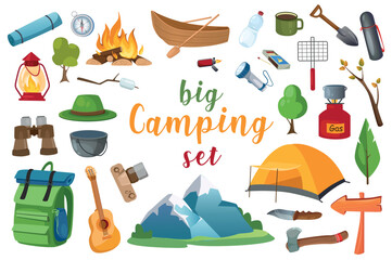 Camping set with isolated elements in flat cartoon design.