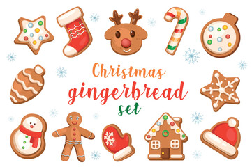 Christmas gingerbreads set with isolated elements in flat cartoon design.
