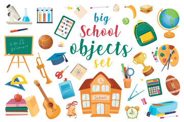 School set with isolated elements in flat cartoon design.