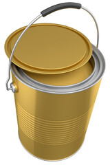 Open metal can or buckets of paint with handle on white background.