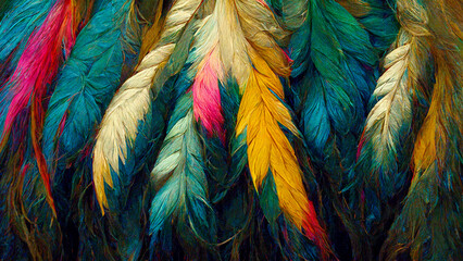 Beautiful multicolored bird feathers, digital illustration.