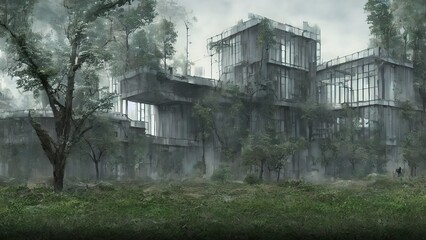 Fototapeta na wymiar Architecture of the future, a ruined city overgrown with greenery. Concept art, idea for inspiration.