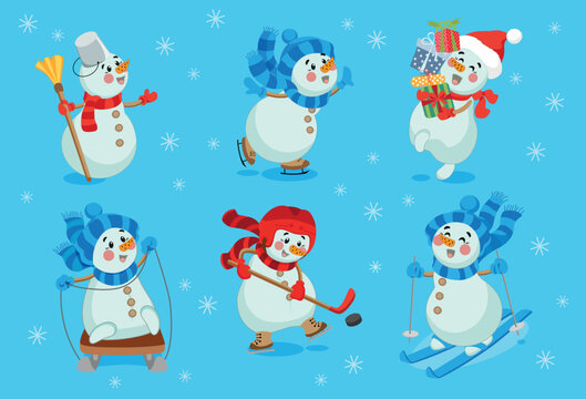 Set of cute Christmas snowmen in hats, scarves. Cute characters, winter sports