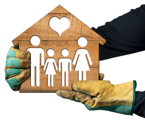 Manual worker with protective work gloves holding a wooden house with the symbol of a family and a heart. Isolated on a white or transparent background. Photography, png.