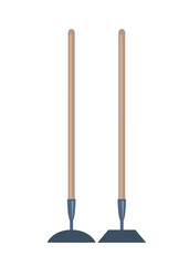 Garden two hoes. Inventory for cleaning territory and preparing soil for planting. Sticker for social networks and messengers. Active lifestyle and gardening. Cartoon flat vector illustration