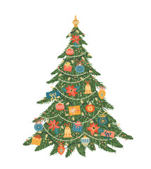 Christmas and Happy New Year isolated illustration of Christmas tree. Vector design.