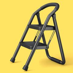 High folding ladder with steps for garden and repair work on yellow background.