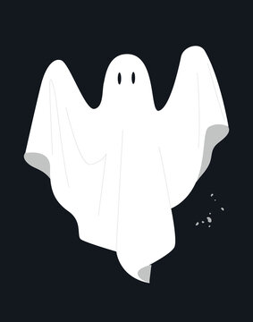 White ghost icon. Terrible character tries to scare, raises his hands up. Halloween and scary autumn holiday. Fantasy and imagination, mysticism. Poster or banner. Cartoon flat vector illustration