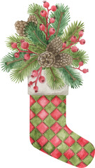 Christmas floral  bouquet watercolor illustration. Holiday gift stoking clipart. Winter decor composition.