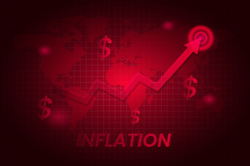 Inflation background in red colour with graphic, world map and dollar. Growing up prices for goods and value of money recession. Economics crisis and business risk