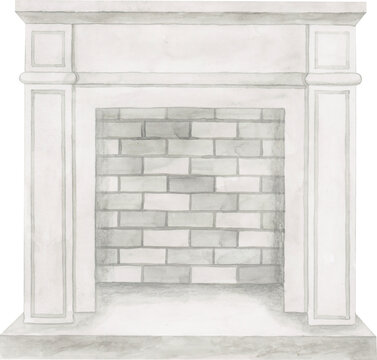 Farmhouse white fireplace watercolor illustration. Interior clipart element.