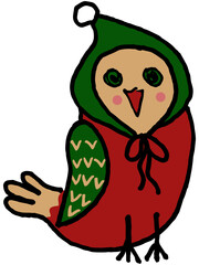 A modest red-beige-green bird in a winter hat with a pompom on its head. Vector outline character isolated on transparent background