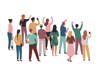 Fototapeta premium Group of people standing. Crowd, men and women with smartphones and bags. Spectators at music concert or public performance. Sticker for social media and messengers. Cartoon flat vector illustration