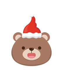 Cute baby bear character mascot portrait with santa hat, celebrating christmas, vector cartoon style