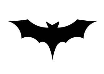 Halloween bat silhouette. Black animal with geometric wings. Graphic element for printing on clothes. Sticker for social networks and messengers. Art and creativity. Cartoon flat vector illustration