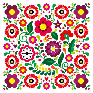 Mexican retro folk art style vector floral pattern in square, greeting card or wedding invitation design inspired by traditional embroidery from Mexico
 