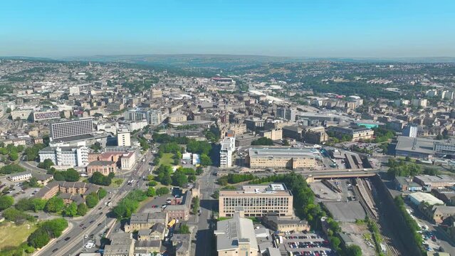 Bradford, UK: Aerial view of city in England, center of city with mixture of modern and historic buildings - landscape panorama of United Kingdom from above
