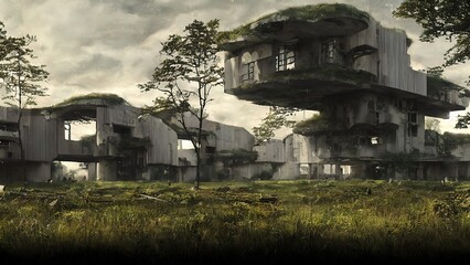 Fototapeta na wymiar Architecture of the future, a ruined city overgrown with greenery. Concept art, idea for inspiration.