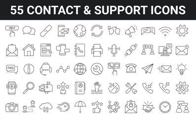 Set of 55 Contact us, support and Help icons in line style. Outline icons collection. Simple vector illustration. Assistance, customer, review, 24 hrs, contact. 
