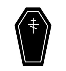 Obraz premium Halloween coffin silhouette. Funeral inventory with white minimalistic cross. Symbol of international and autumn holiday of fear and horror. Panic and phobia. Cartoon flat vector illustration