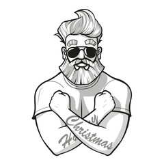 Cool athletic Santa Clause with tattoos, sunglasses on and crossed arms to an x. good looking santa with stylish haircut and a trimmed beard. uncolored on white