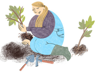 Girl planting plant seedlings in a garden bed, garden work, illustration.