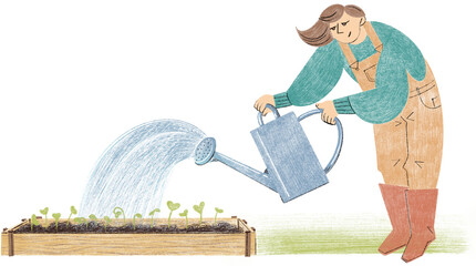 A girl is watering a bed with a watering can, garden work, illustration.