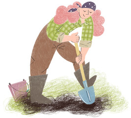 Girl digs the ground, garden work, illustration.