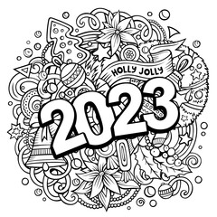 2023 doodles illustration. New Year objects and elements poster