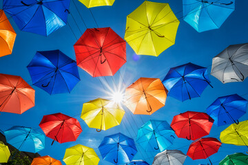Fototapeta na wymiar Street decorated with colored umbrellas close up
