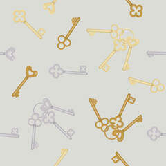 Antique gold, silver and copper keys, seamless vector pattern