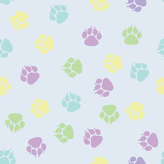 Fototapeta na wymiar Multicolored dog paw prints, gentle seamless pattern in watercolor colors