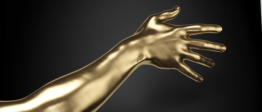 Golden open hand, metaphor for extending the hand as a sign of help and hospitality, 3d illustration, 3d rendering