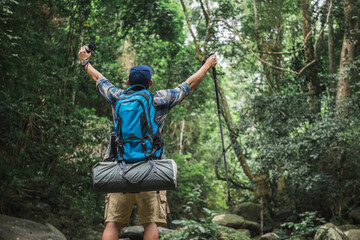 Traveler standing with trekking poles on the rock and looking at green forest view.