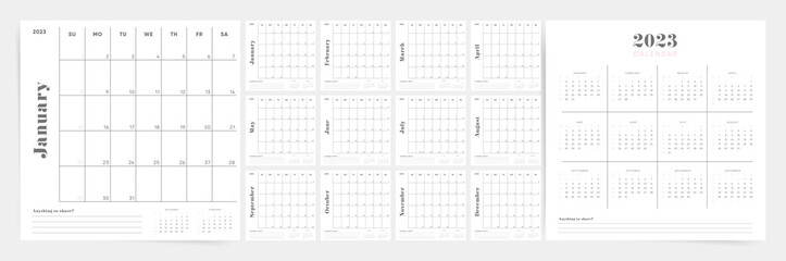 Monthly calendar template for 2023 year. Week starts on Sunday. Modern graphic style. Minimal geometric 2023 calendar.
