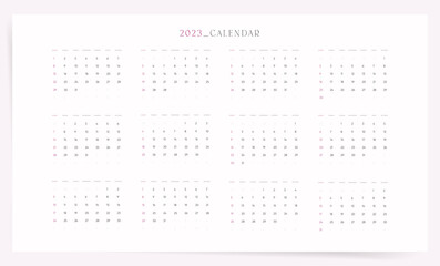 One page annual calendar template for 2023 year. Week starts on Sunday. Modern Minimal design.
