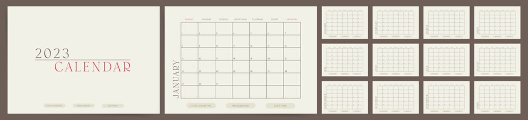Monthly boho calendar template for 2023 year. Week starts on Sunday. Vector ready to print calendar in retro minimal style.
