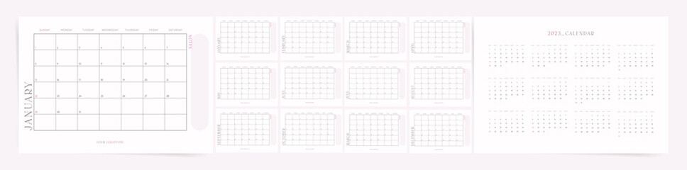 Monthly cute calendar template for 2023 year. Week starts on Sunday. Minimal fashion style for business and casual purpose. 
