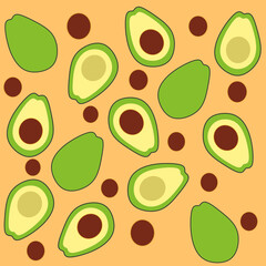 Avocado slice seamless pattern in hand drawn style. Repeating fruit background vector for summer fabric, decoration, backdrop, textile, ornament, ornate, wallpaper and fashion design.